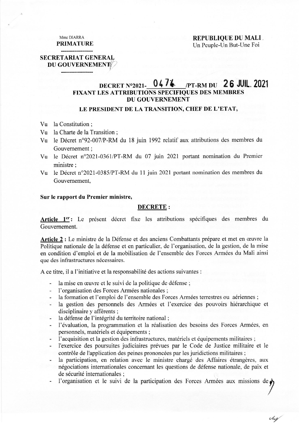 DECRET N°2023-0392/PM-RM DU 19 JUILLET 2023 FIXANT LES ATTRIBUTIONS ...