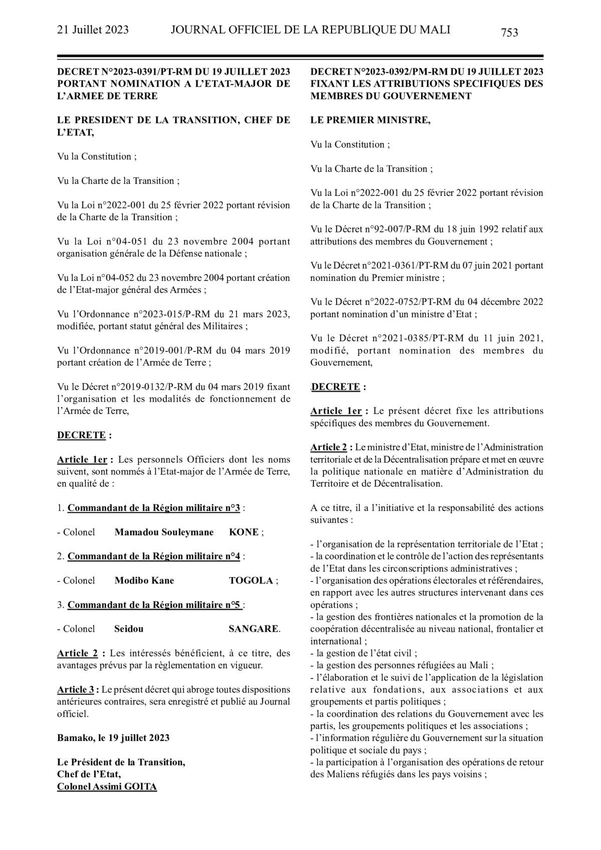 Image mise en avant du DECRET N°2023-0392/PM-RM DU 19 JUILLET 2023 FIXANT LES ATTRIBUTIONS SPECIFIQUES DES MEMBRES DU GOUVERNEMENT